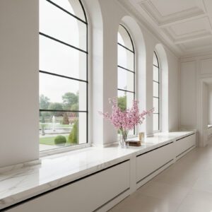 Premium natural stone and quartz window sill with polished and matte finish for interior and exterior window installations