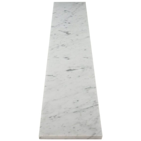 Carrara White Marble Stone Saddle Threshold with polished finish and natural gray veining for bathroom doorways and tile floor transitions