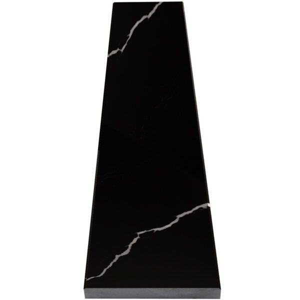 Nero Marquino black stone saddle threshold with a polished finish and natural white veining, featuring eased edges, isolated on a white background.
