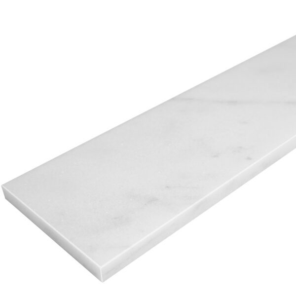 White marble stone wall cap with subtle gray veining, designed for shower walls, knee walls, pony walls, and architectural partitions.
