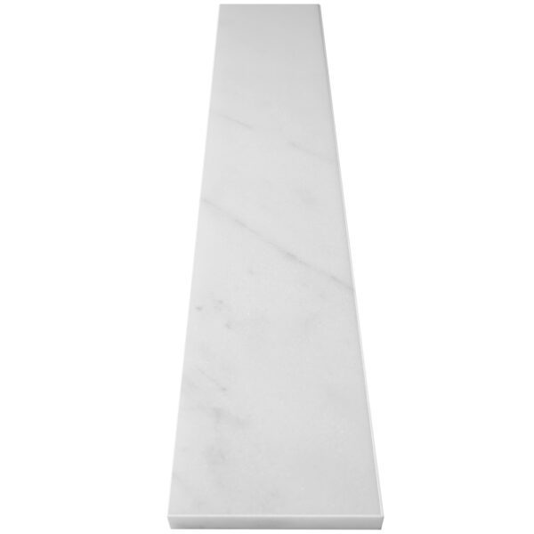 White marble stone wall cap with subtle gray veining, designed for shower walls, knee walls, pony walls, and architectural partitions.