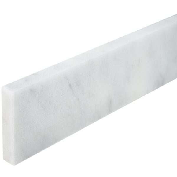 White marble stone vanity backsplash with subtle gray veining, designed to protect bathroom walls and create a finished transition behind a vanity top.