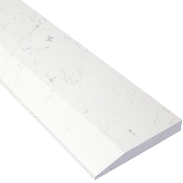 Bianco Carrara Stone Single Hollywood Saddle Threshold Bianco Carrara Stone Single Hollywood Saddle Threshold featuring a white marble surface with soft gray veining, one sloped beveled edge, and one straight edge for smooth, durable doorway and floor transitions.