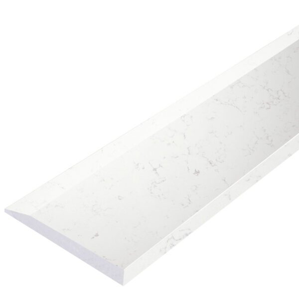Bianco Carrara Stone Single Hollywood Saddle Threshold Bianco Carrara Stone Single Hollywood Saddle Threshold featuring a white marble surface with soft gray veining, one sloped beveled edge, and one straight edge for smooth, durable doorway and floor transitions.