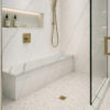 Calacatta White Stone Bathroom Shower Bench Seat Calacatta White stone bathroom shower bench seat with elegant gray veining
