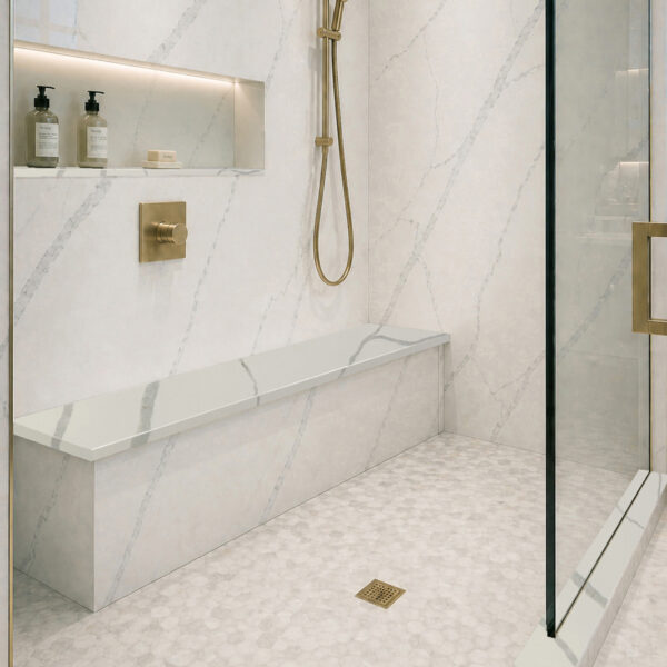 Calacatta White Stone Bathroom Shower Bench Seat Calacatta White stone bathroom shower bench seat with elegant gray veining
