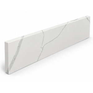 Calacatta White Stone Bathroom Vanity Backsplash Calacatta white stone bathroom vanity backsplash with elegant grey veining and a smooth rectangular design.
