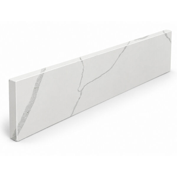 Calacatta white stone bathroom vanity backsplash with elegant grey veining and a smooth rectangular design.