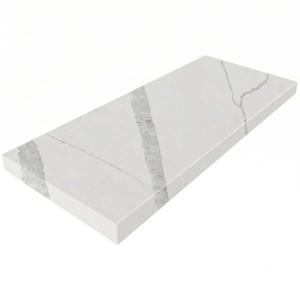 Calacatta White Stone Shower Niche Shelf with a bright white surface and bold gray veining, designed for recessed shower storage in tile showers, walk-in showers, and luxury bathrooms.