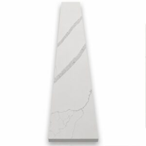calacatta-white-stone-shower-curb-threshold-cap-sill Calacatta White Stone Shower Curb Top with bright white surface, bold gray veining, polished finish, and beveled long edges for durable, water-resistant tile shower and frameless glass enclosure installations.