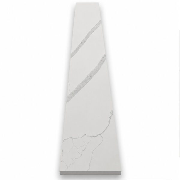 Calacatta White Stone Shower Curb Top with bright white surface, bold gray veining, polished finish, and beveled long edges for durable, water-resistant tile shower and frameless glass enclosure installations.