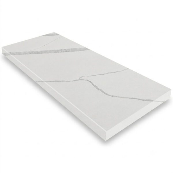 Calacatta White Stone Shower Niche Shelf with a bright white surface and bold gray veining, designed for recessed shower storage in tile showers, walk-in showers, and luxury bathrooms.