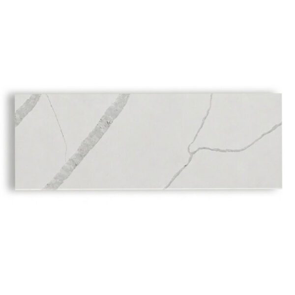 Calacatta White Stone Shower Niche Shelf with a bright white surface and bold gray veining, designed for recessed shower storage in tile showers, walk-in showers, and luxury bathrooms.