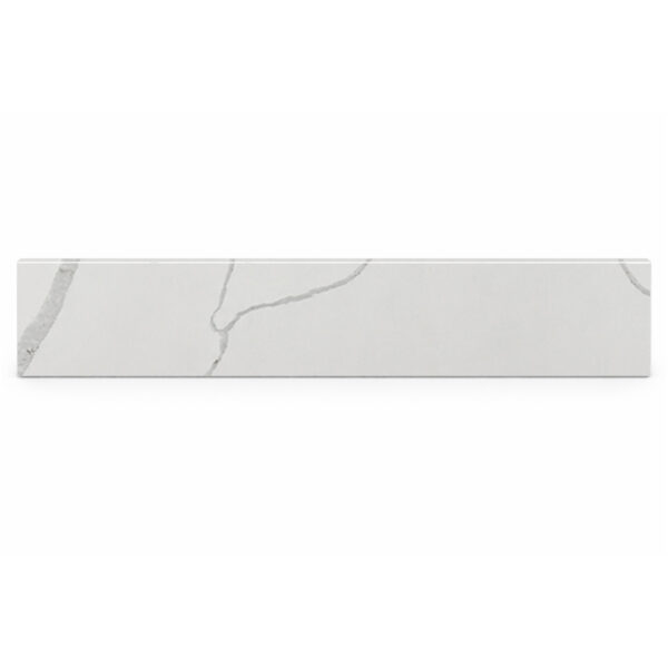Calacatta white stone bathroom vanity backsplash with elegant grey veining and a smooth rectangular design.