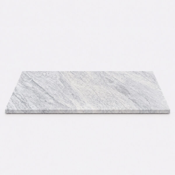 Carrara marble stone bathroom shower bench seat with a smooth surface, soft grey veining, and modern rectangular design.