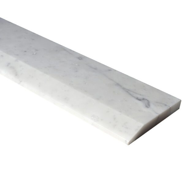 Carrara White Marble Stone Single Hollywood Saddle Threshold with one sloped edge and one straight edge, featuring natural gray veining on a white marble surface for smooth doorway and floor transitions.