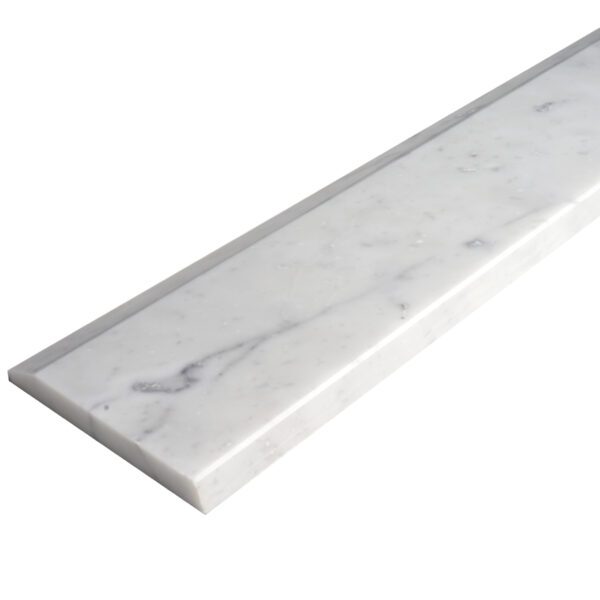 Carrara White Marble Stone Single Hollywood Saddle Threshold with one sloped edge and one straight edge, featuring natural gray veining on a white marble surface for smooth doorway and floor transitions.