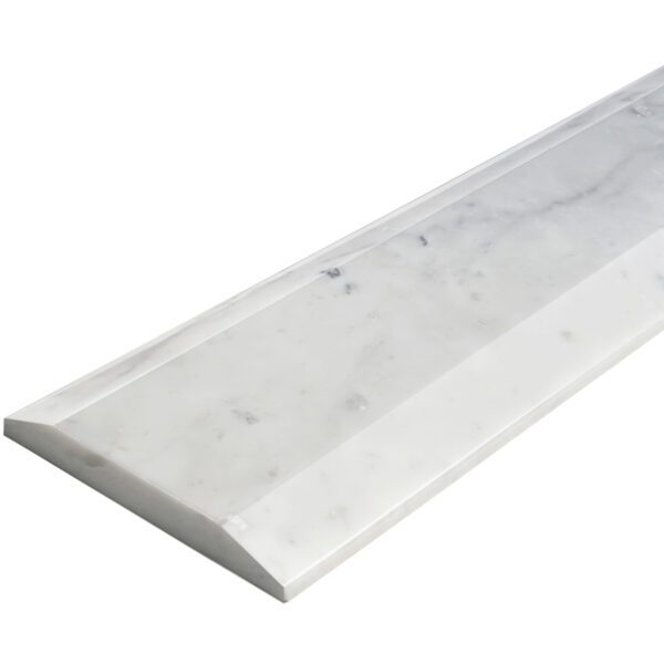 Carrara White Marble Stone Double Hollywood Saddle Threshold with dual sloped edges, soft white background, natural gray veining, and polished finish for elegant doorway and floor transitions.
