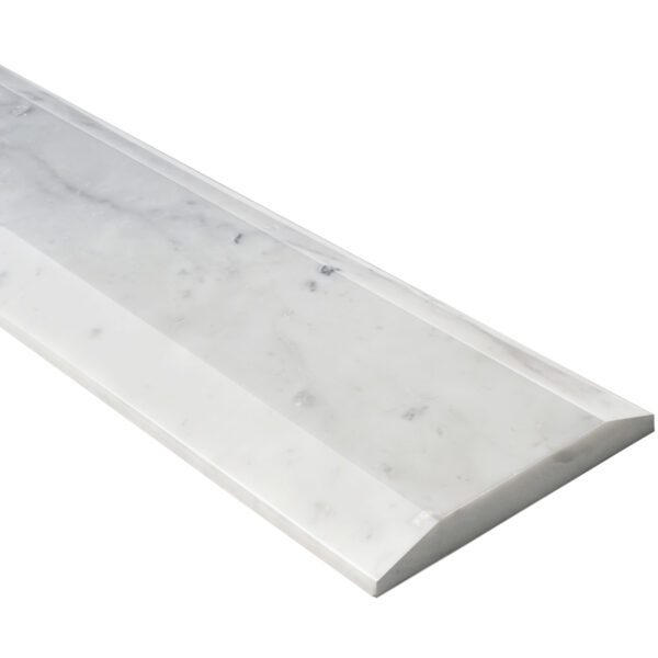 Carrara White Marble Stone Double Hollywood Saddle Threshold with dual sloped edges, soft white background, natural gray veining, and polished finish for elegant doorway and floor transitions.