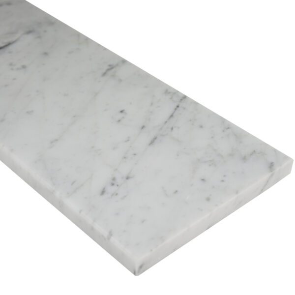 Carrara White Marble Stone Shower Curb Top Carrara White marble stone shower cap with elegant gray veining, polished finish, and beveled edges, designed as a durable shower sill and curb cap for tile showers and frameless glass enclosures.