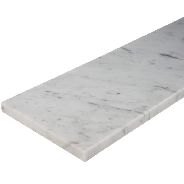 Carrara White Marble Stone Shower Curb Top Carrara White marble stone shower cap with elegant gray veining, polished finish, and beveled edges, designed as a durable shower sill and curb cap for tile showers and frameless glass enclosures.