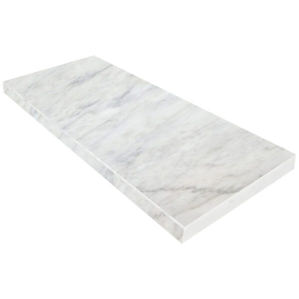 Carrara White Marble Stone Shower Niche Shelf Carrara White Marble Stone Shower Niche Shelf with natural gray veining, polished finish, and finished front edge, designed for built-in shower niches in modern bathrooms.
