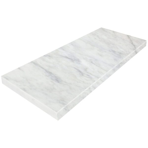 Carrara White Marble Stone Shower Niche Shelf Carrara White Marble Stone Shower Niche Shelf with natural gray veining, polished finish, and finished front edge, designed for built-in shower niches in modern bathrooms.