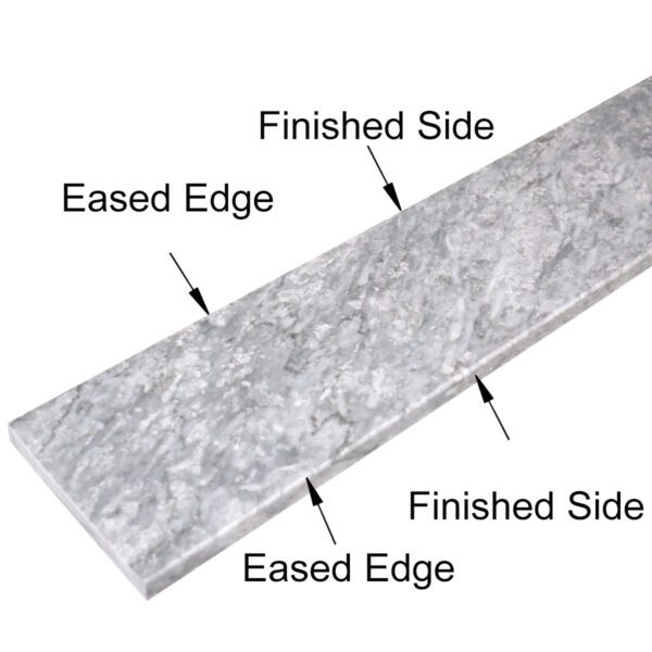 Chelsea Grey marble stone shower curb cap with elegant gray veining, polished finish, and beveled edges, designed as a durable shower sill and curb cap for tile showers and frameless glass shower enclosures.