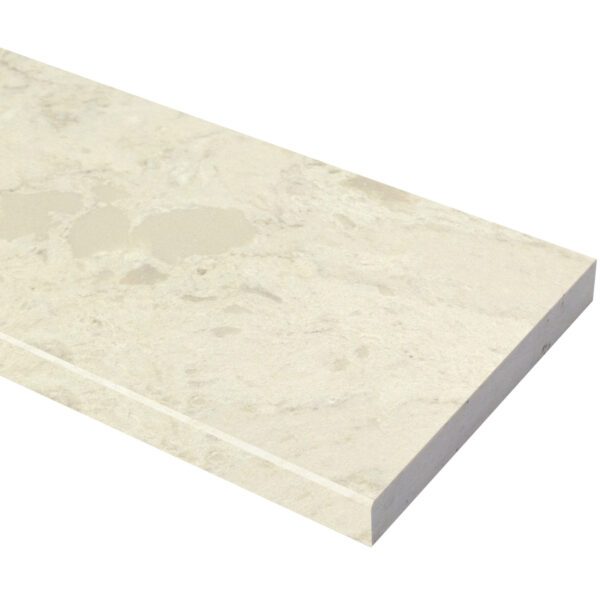 Madreperola Creamy Beige Stone Shower Curb Top with a warm creamy beige finish, subtle natural stone pattern, precision-cut beveled edges, and durable engineered stone construction, ideal as a shower sill and curb cap for tile showers, walk-in showers, and frameless glass shower enclosures.