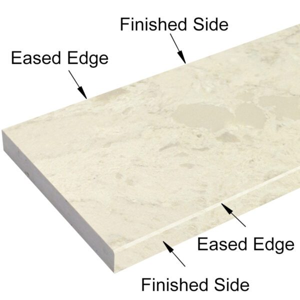 Madreperola Creamy Beige Stone Shower Curb Top with a warm creamy beige finish, subtle natural stone pattern, precision-cut beveled edges, and durable engineered stone construction, ideal as a shower sill and curb cap for tile showers, walk-in showers, and frameless glass shower enclosures.