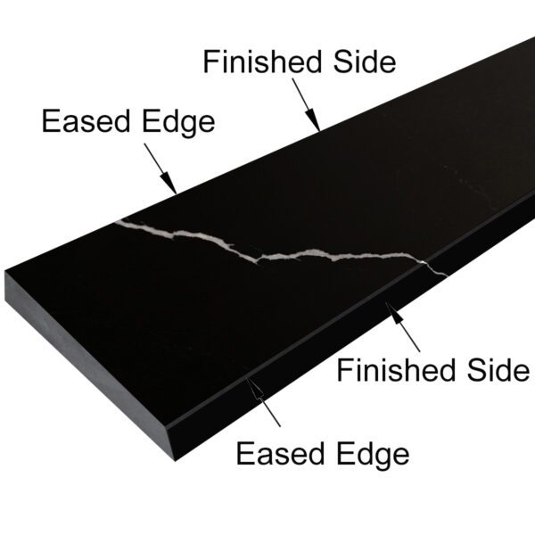 Nero Marquina Black Stone Shower Curb Top with polished black natural stone, white veining, and beveled edges for tile showers and frameless glass enclosures.