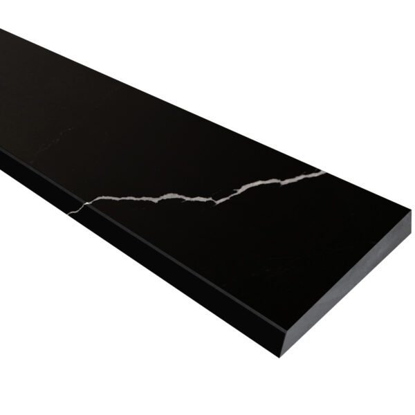 Nero Marquina Black Stone Shower Curb Top with polished black natural stone, white veining, and beveled edges for tile showers and frameless glass enclosures.